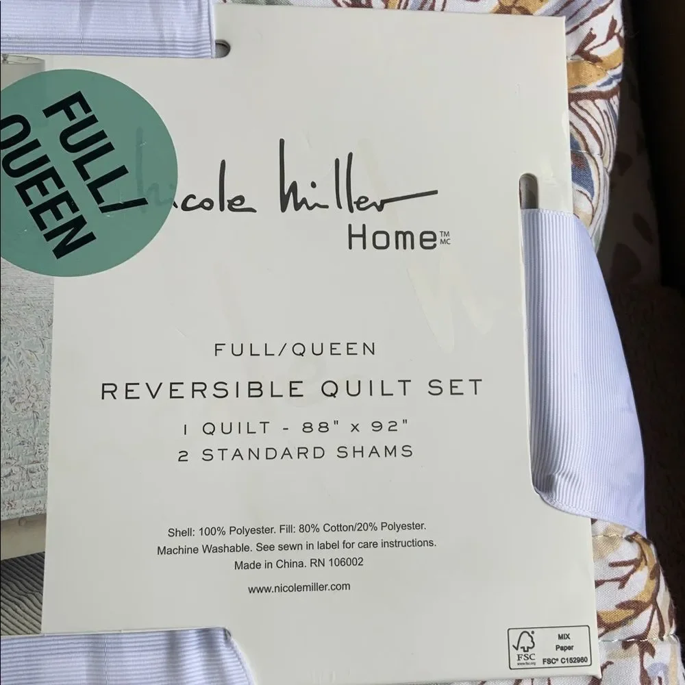 Nicole Miller Green Cream Floral FULL / QUEEN Reversible Quilt Bedding Set New